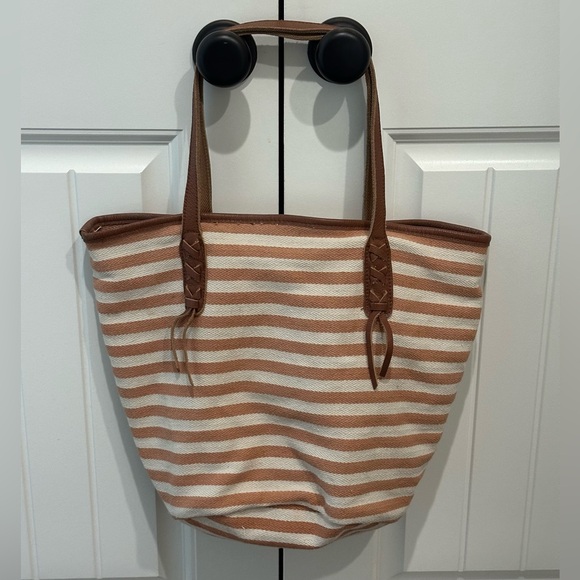 Giando Massi Leather and Striped Cotton Canvas Tote Bag - Picture 1 of 5